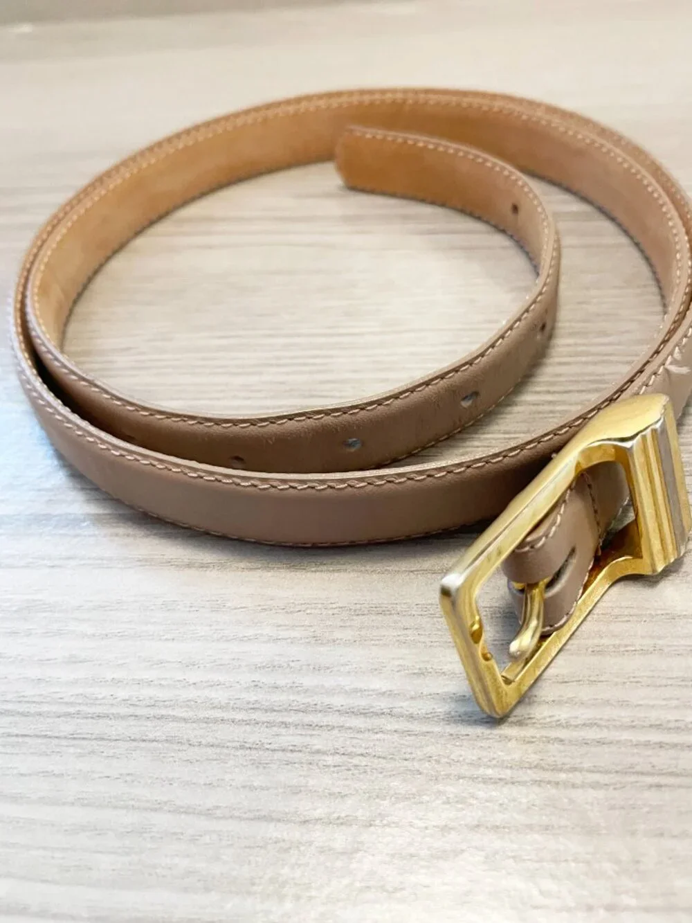 Woodward Genuine Leather Tan/ Beige Skinny Belt Gold Buckle XXL Vintage